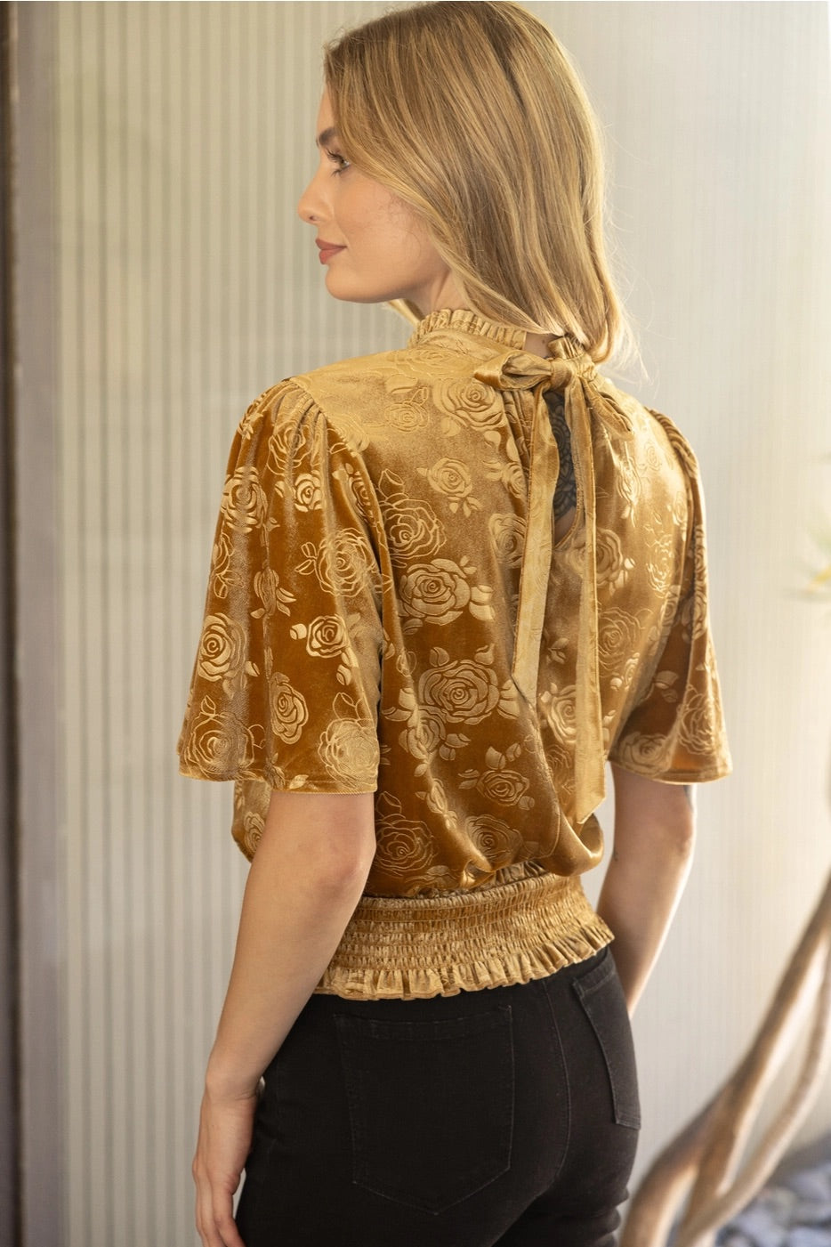 LISA Floral Pleated SmockWaist Velvet Top