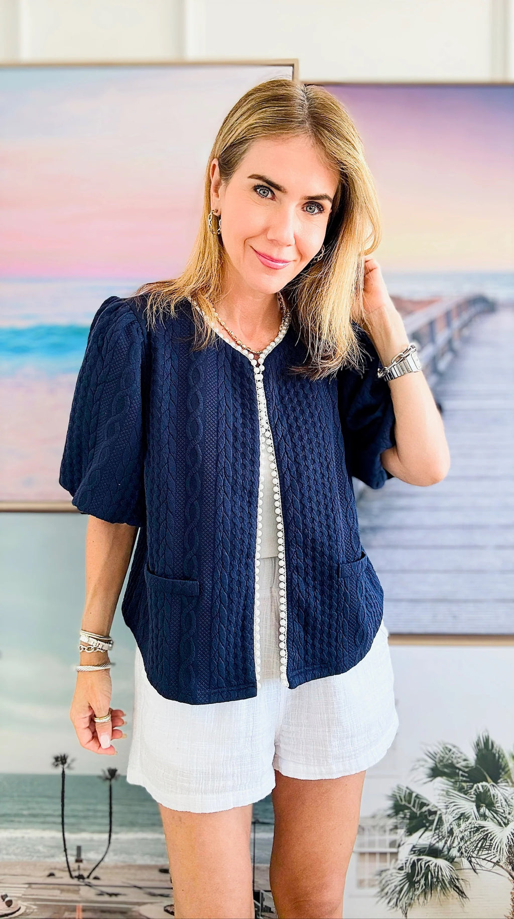 BRIAR Pearl Detail PuffSleeve TextureKnit Cardigan Top