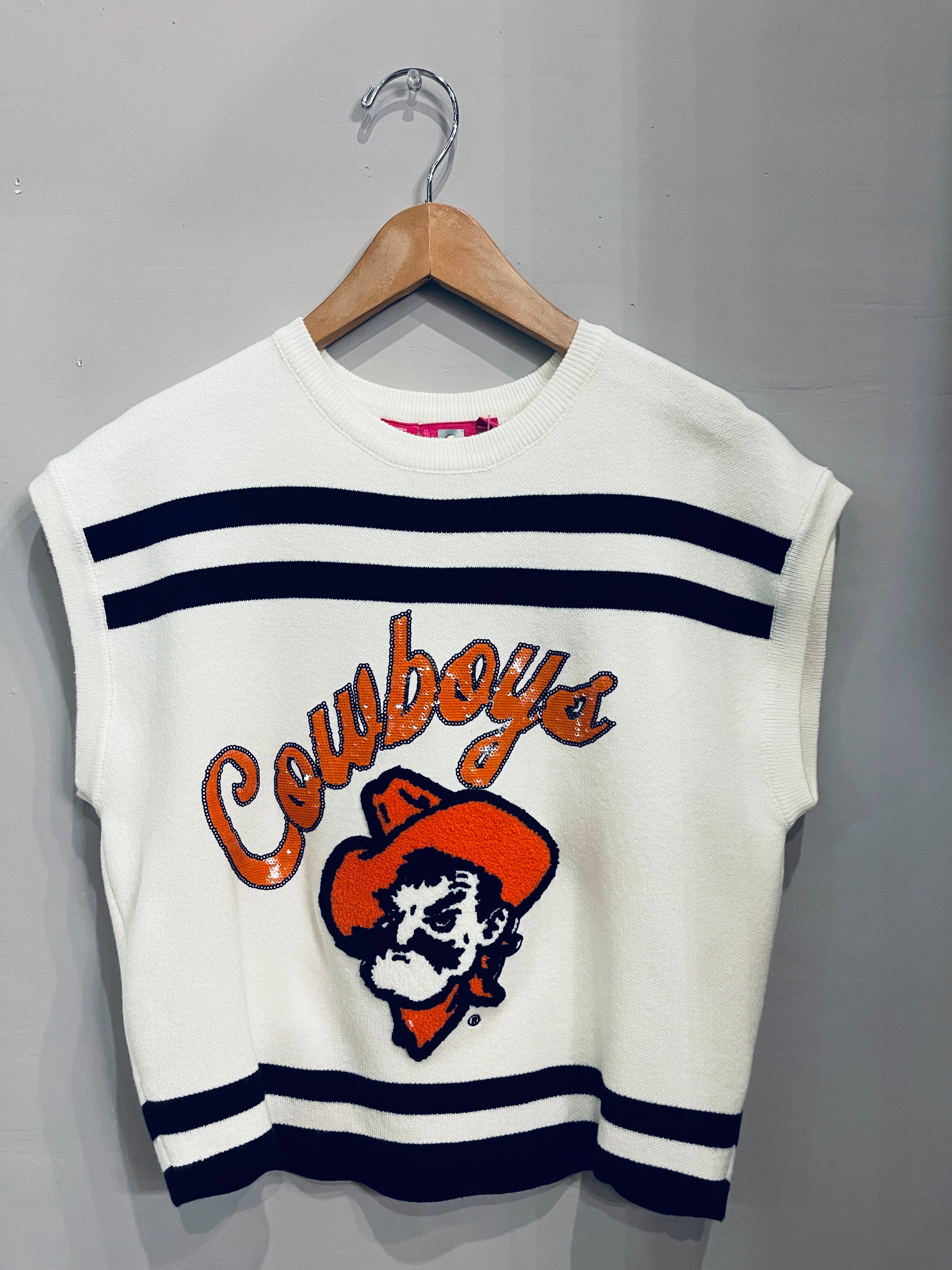 QUEEN OF SPARKLES Stripe PISTOL PETE Appliqué Knit Top OSU Oklahoma State