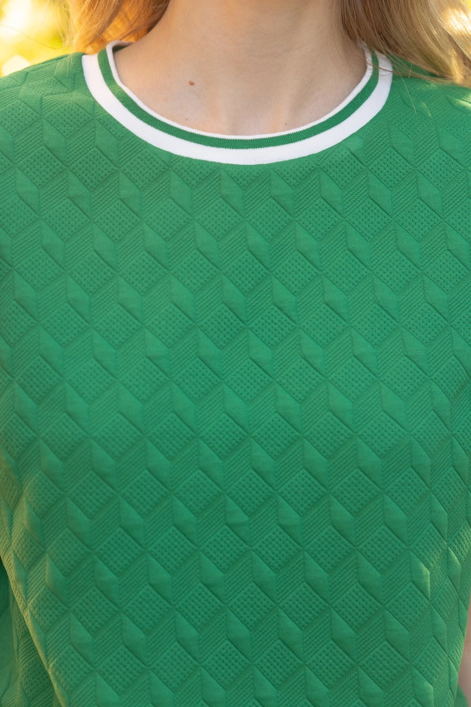 POMANDER Striped Trim Ruffle Sleeve Textured Top