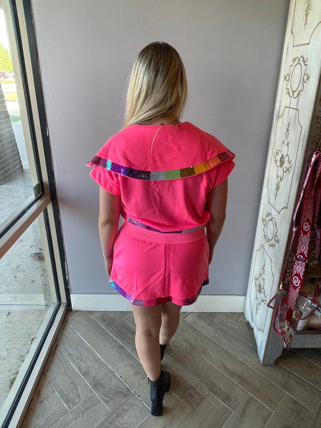 QUEEN OF SPARKLES Sequin RAINBOW Trim Collar Top