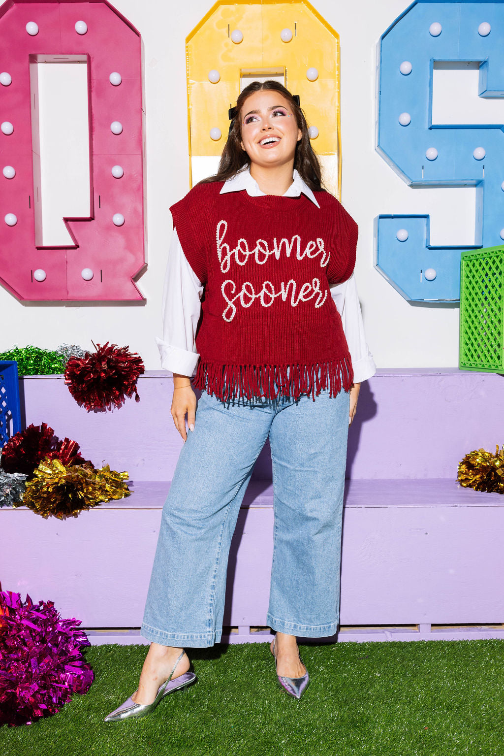 QUEEN OF SPARKLES Pearl/Sequin BOOMER SOONER OU Fringe Sweatrr Vest
