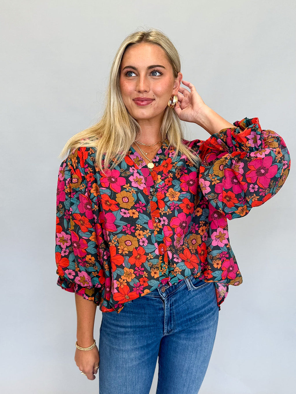 PIXEL Floral Print Bubble Sleeve Blouse