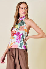 NIA FloralPrint MockNeck Halter Satin Top