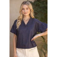 RIVER RuffleCollar BubbleSleeve Textured Top