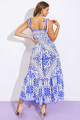 DYNASTY BorderPrint TieShoulder Woven Midi Dress