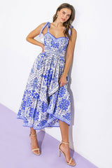 DYNASTY BorderPrint TieShoulder Woven Midi Dress