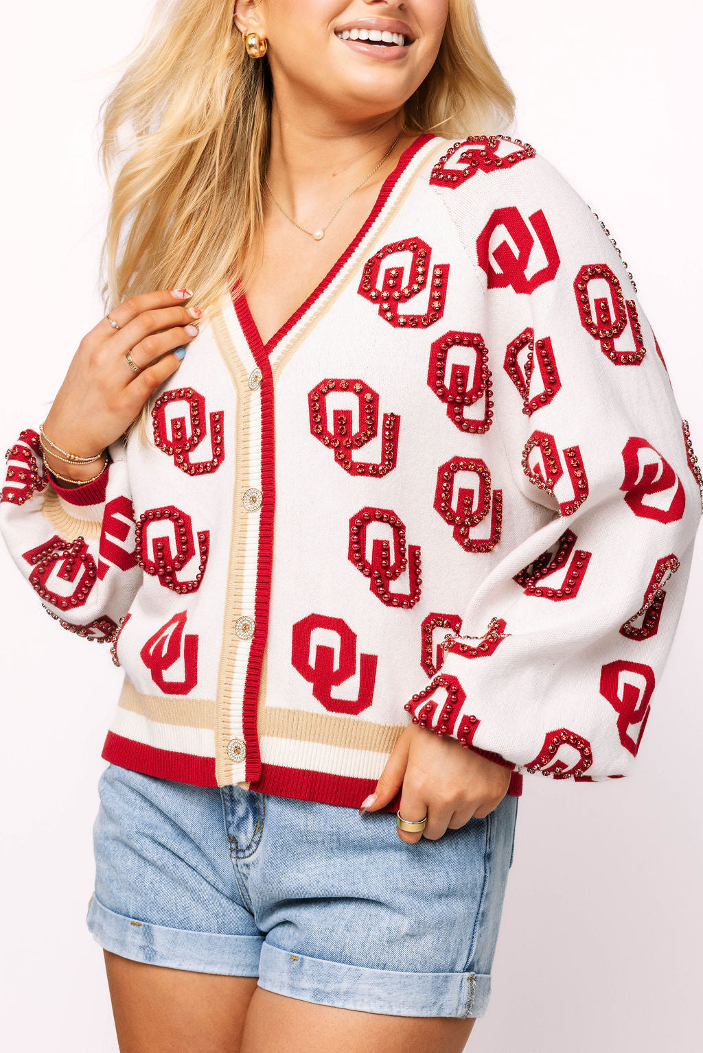 QUEEN OF SPARKLES Licensed Knit OKLAHOMA Rhinestone OU Cardigan Top M