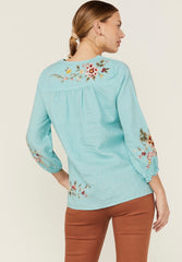 JOHNNY WAS Linen ACACIA Embroidered Peasant Blouse Top