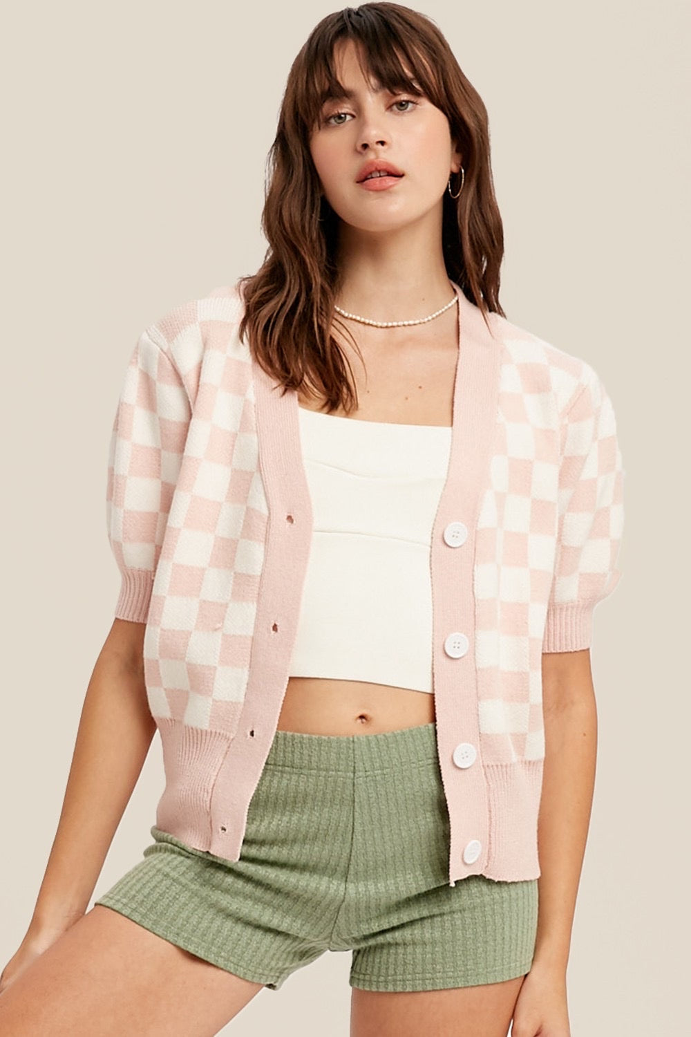 LOVEY Gingham Puff ShortSleeve Cardigan