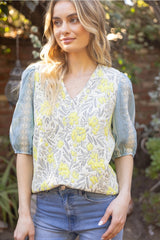 FLEET Embroidered PuffSleeve V-Neck Print Top