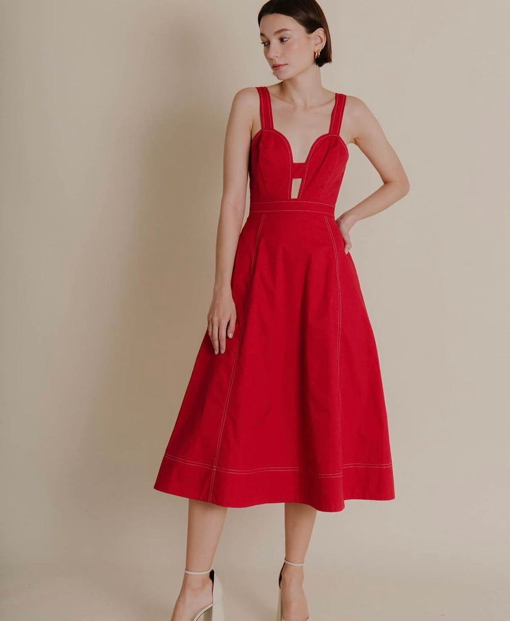 AUREUM Contrast Stitch RIVAL Plunge Midi Dress