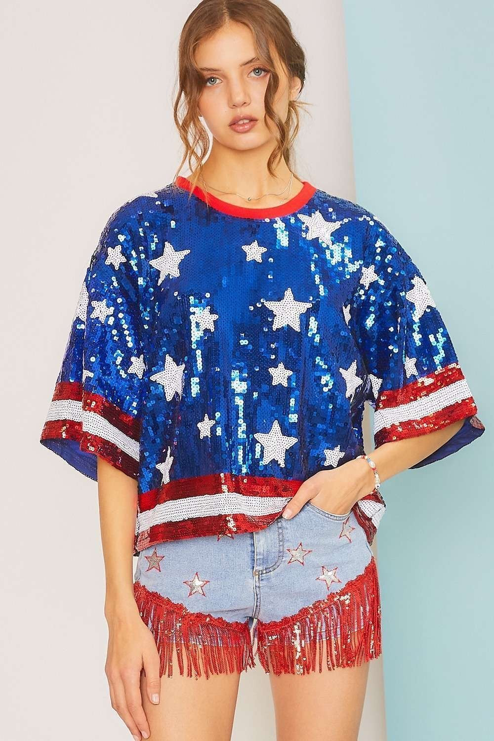 SALUTE Sequin Stars and Stripes Top