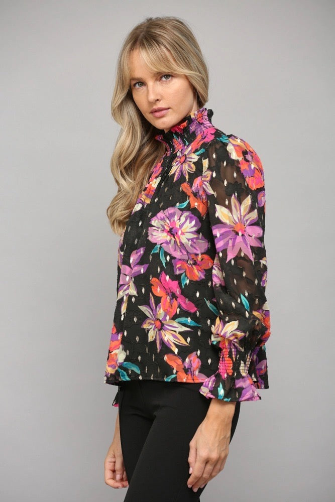 IRIS Floral Smock High Neck Foil Detail Top