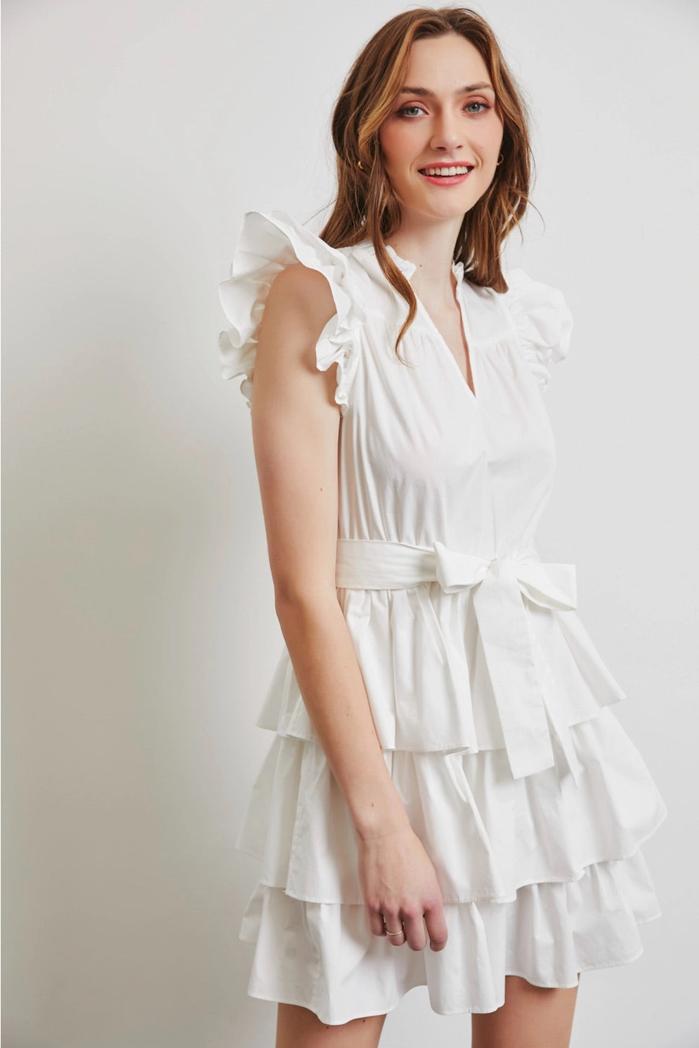 CEREMONY Tiered Ruffle Skirt FlutterSleeve Poplin Dress