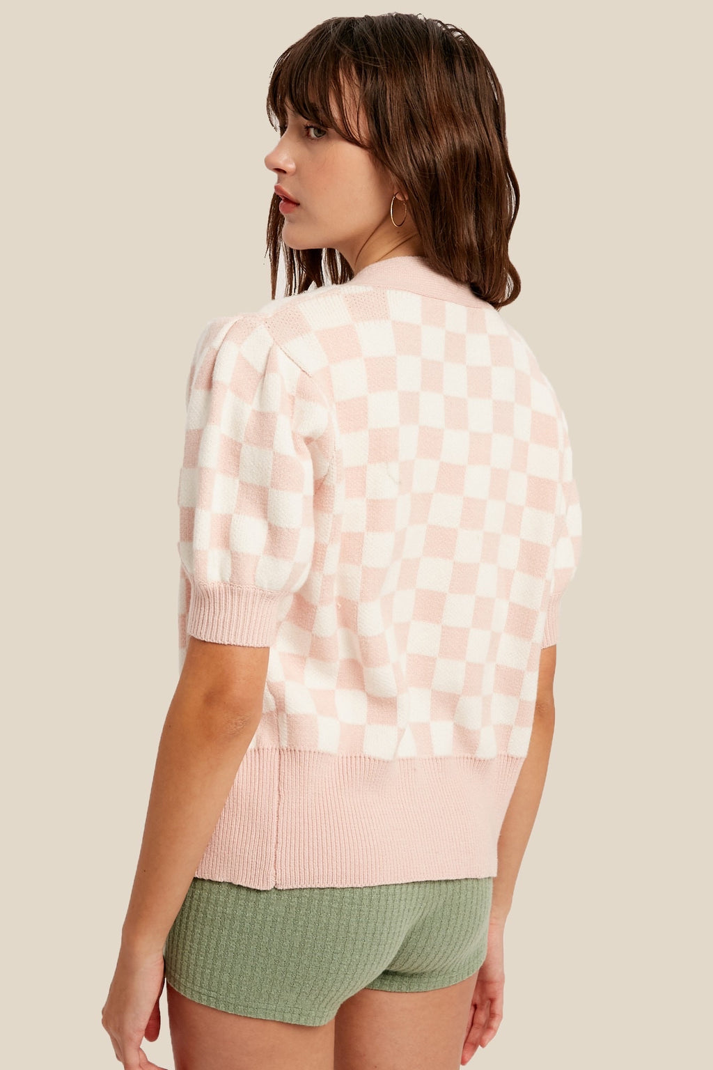 LOVEY Gingham Puff ShortSleeve Cardigan