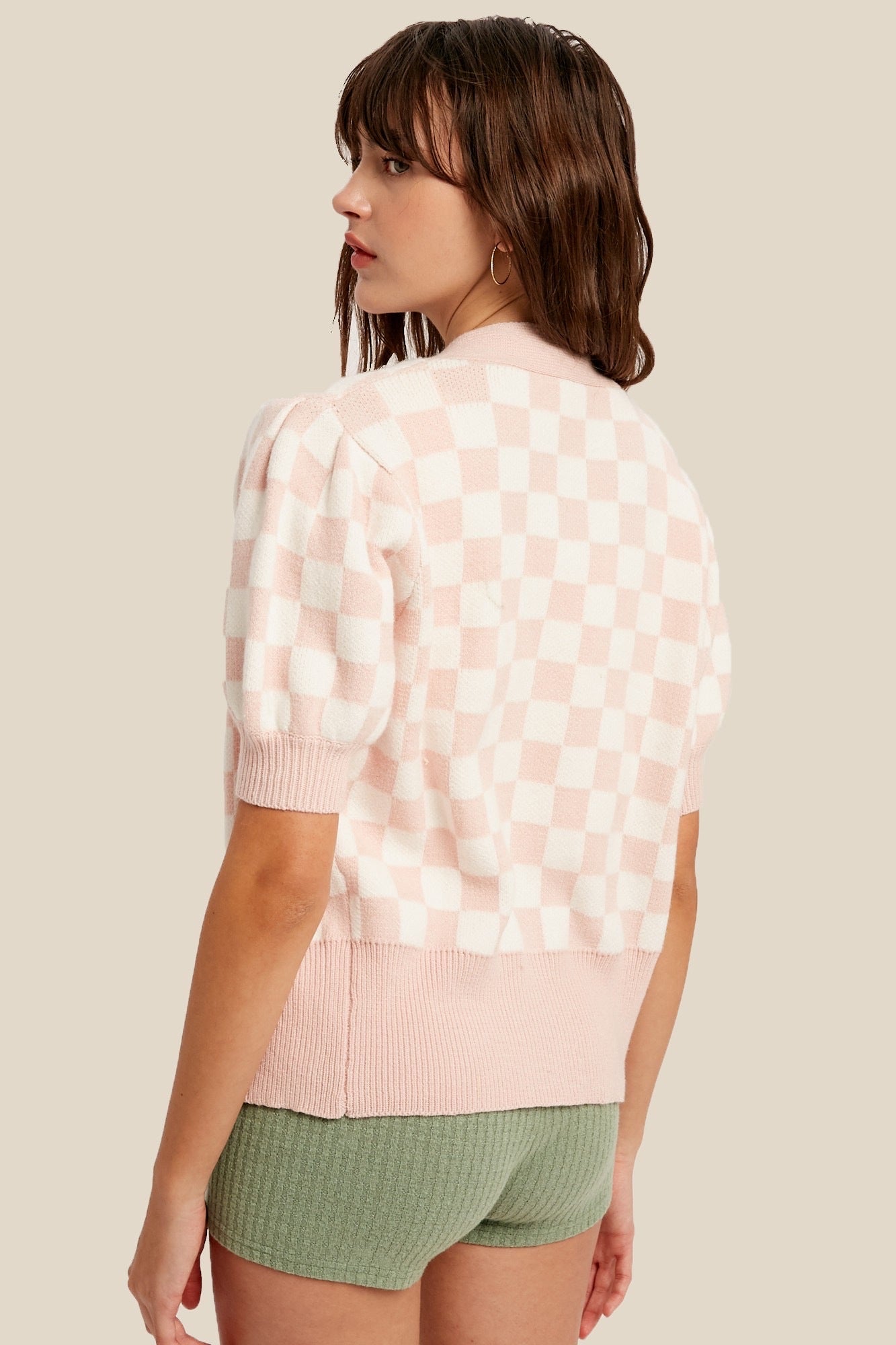 LOVEY Gingham Puff ShortSleeve Cardigan
