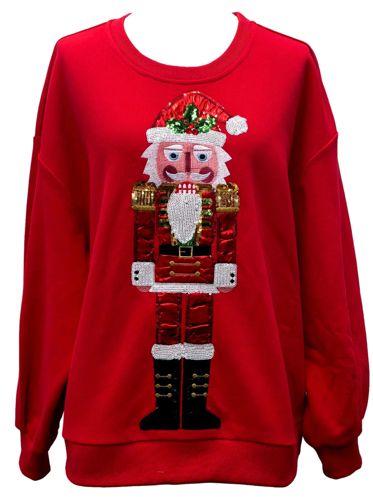 QUEEN OF SPARKLES Metallic SANTA NUTCRACKER Sweatshirt Top