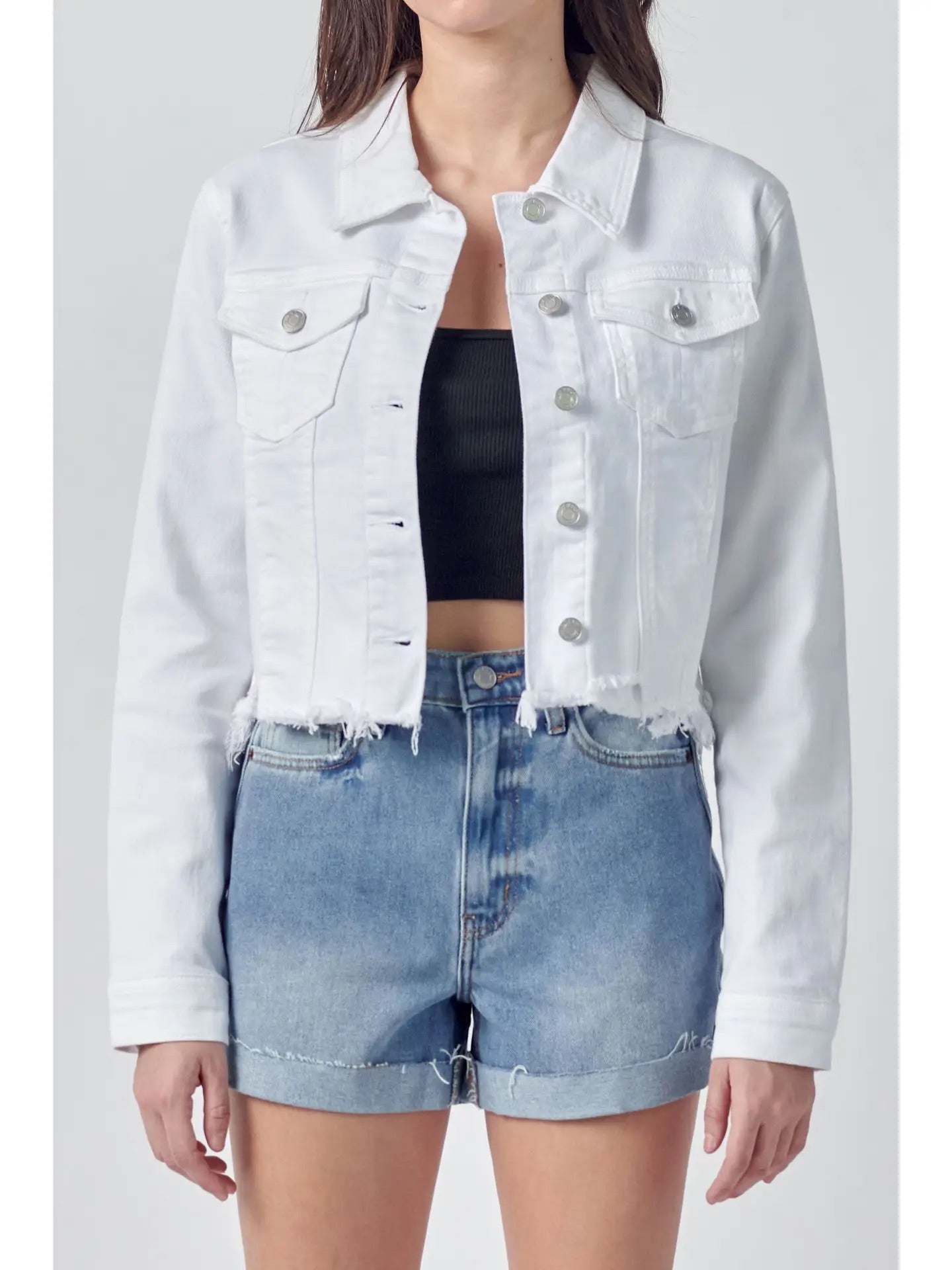 DEMAND FrayHem WaistCrop Denim Jacket