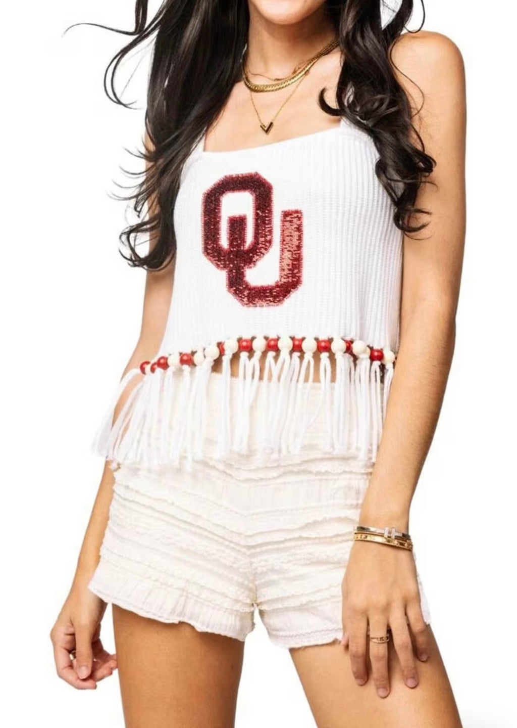 QUEEN OF SPARKLES Licensed OKLAHOMA FRINGE BEAD Sweater OU Tank Top