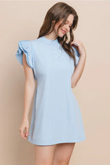 CAREY Pleated MockNeck ButtonDown RuffleShoulder Poplin Dress