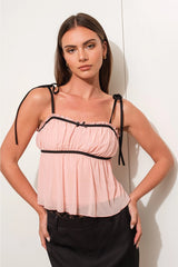 PRETTY GARBAGE TieShoulder Contrast Piping Frill Mesh Cami Top