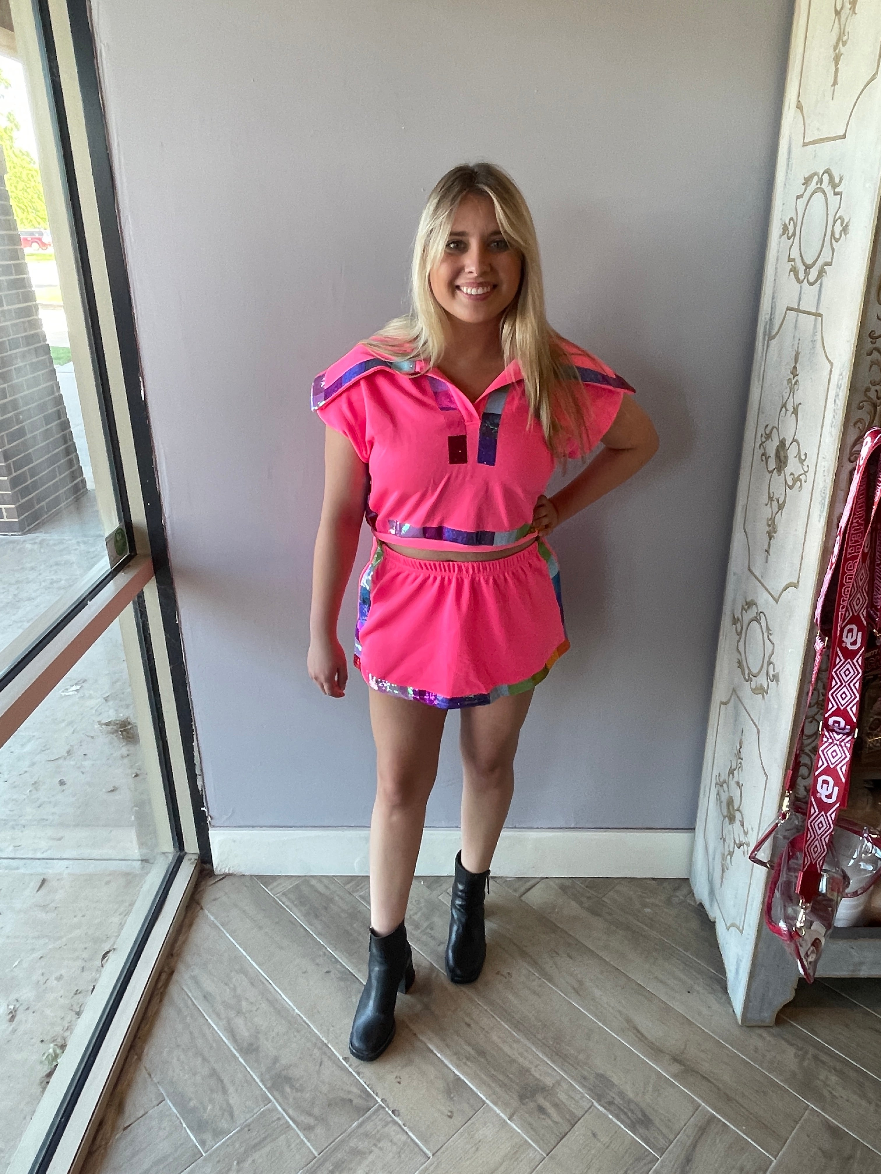 QUEEN OF SPARKLES Sequin RAINBOW Trim Collar Top