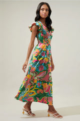 TROPICAL SUNFIRE Floral Smocked Bodice Tiered Midi Dress