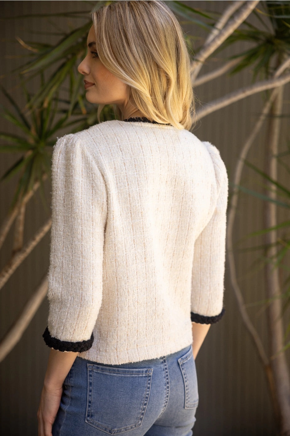 EMILY Contrast Braid Gold Button Tweed Jacket