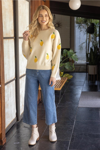 MAIN SQUEEZE Lemon Embroider Sweater Top