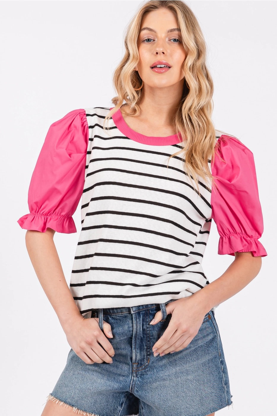 GUYER Contrast StripeKnit PoplinPuffSleeve Top
