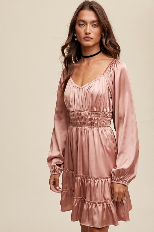 *FEELS Satin Sweat Heart Neck Long Sleeve Dress
