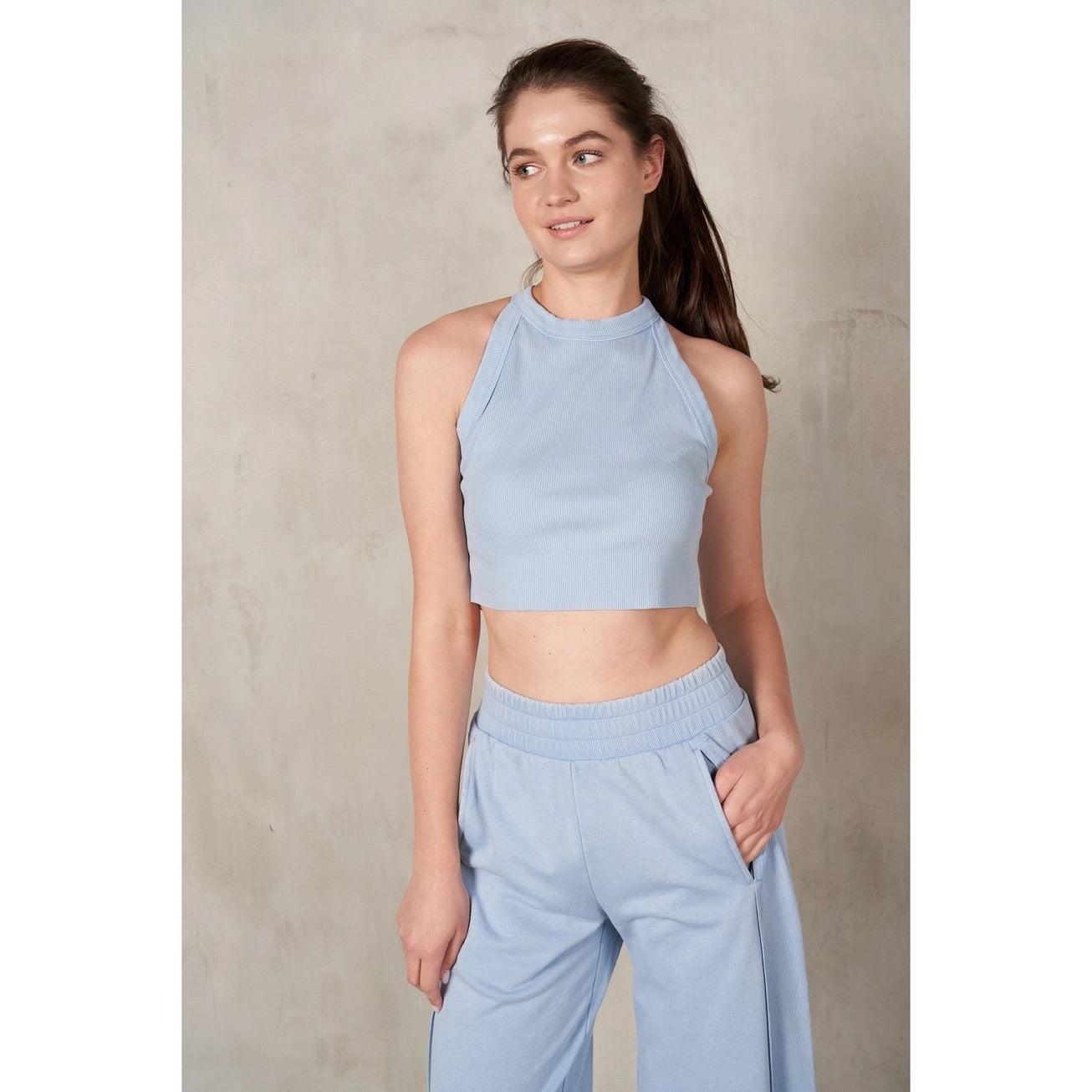 RISEN 2-Piece HalterNeck RibMix WideLeg Pant Set