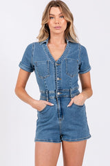 SHOOTER V-Neck StretchDenim ShortSleeve Romper