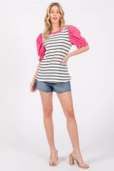 GUYER Contrast StripeKnit PoplinPuffSleeve Top