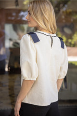 DESTINED BowShoulder Detail BeadedNeckline Textured Top