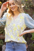 FLEET Embroidered PuffSleeve V-Neck Print Top