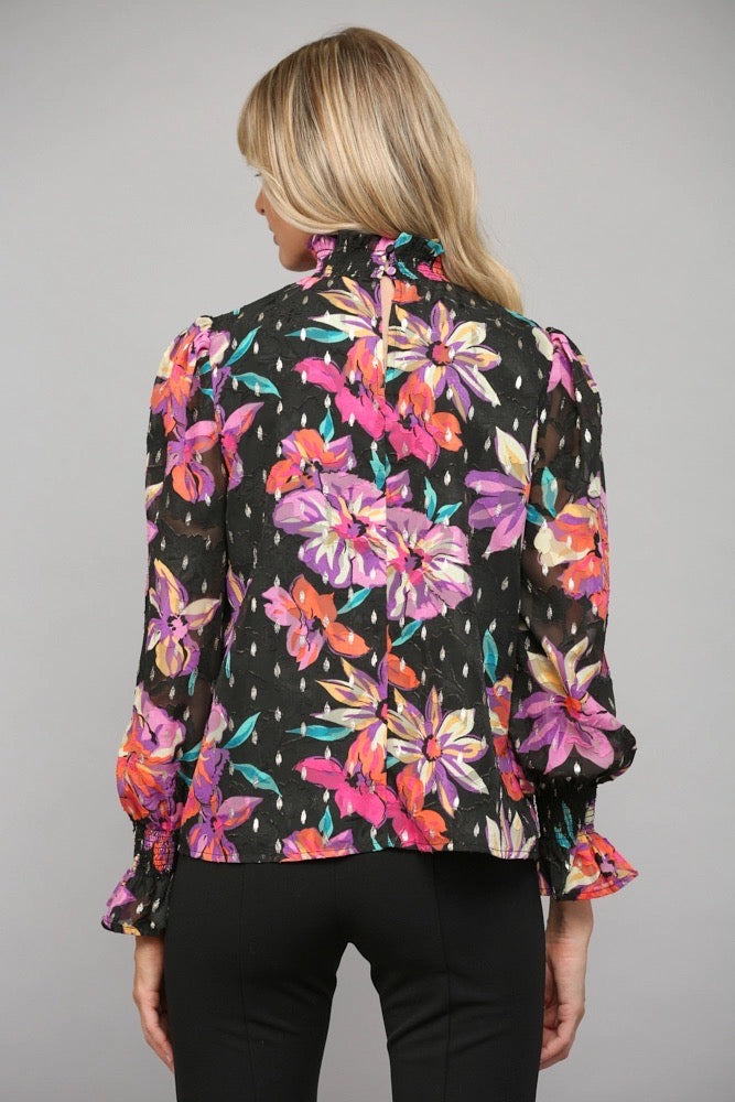 IRIS Floral Smock High Neck Foil Detail Top