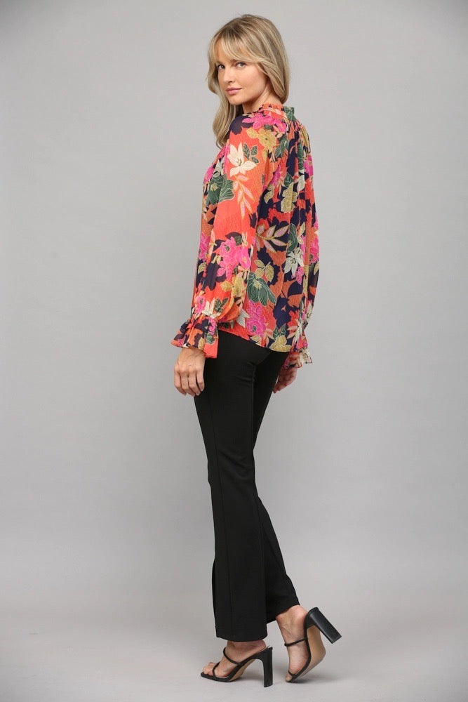 BOULEVARD Floral Ruffle Neck Blouse