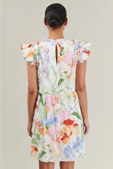 JULIET Floral RuffleNeck/PleatSleeve Poplin Dress