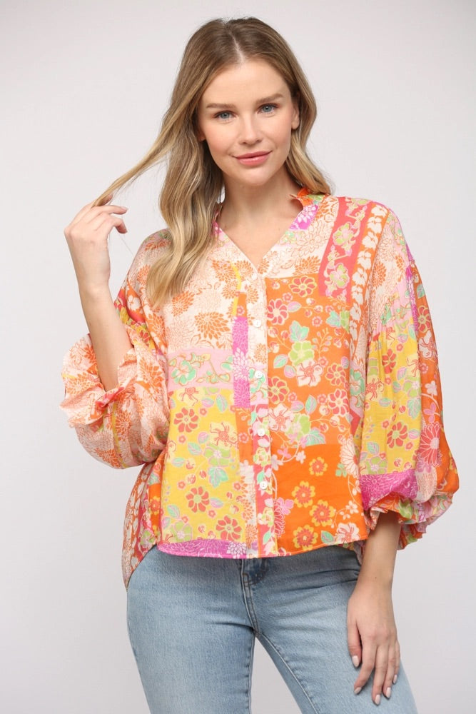 BISCAYNE Patchwork Print Floral ButtonDown Top