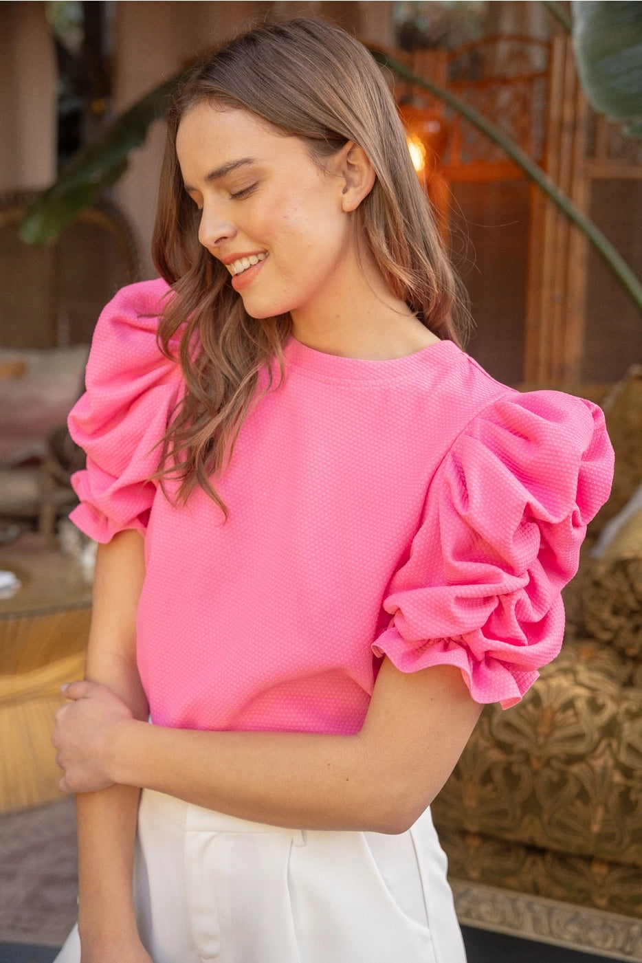 ANGLES Pleat PuffSleeve TexturedKnit Top