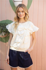 PANAM Contrast Ribbon Ruffle Sleeve French Terry Top