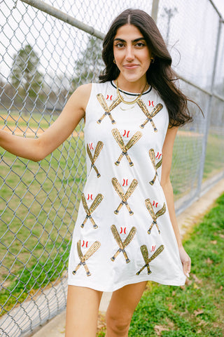 QUEEN OF SPARKLES Sequin SCATTERED BASEBALL BATS Tank Dress