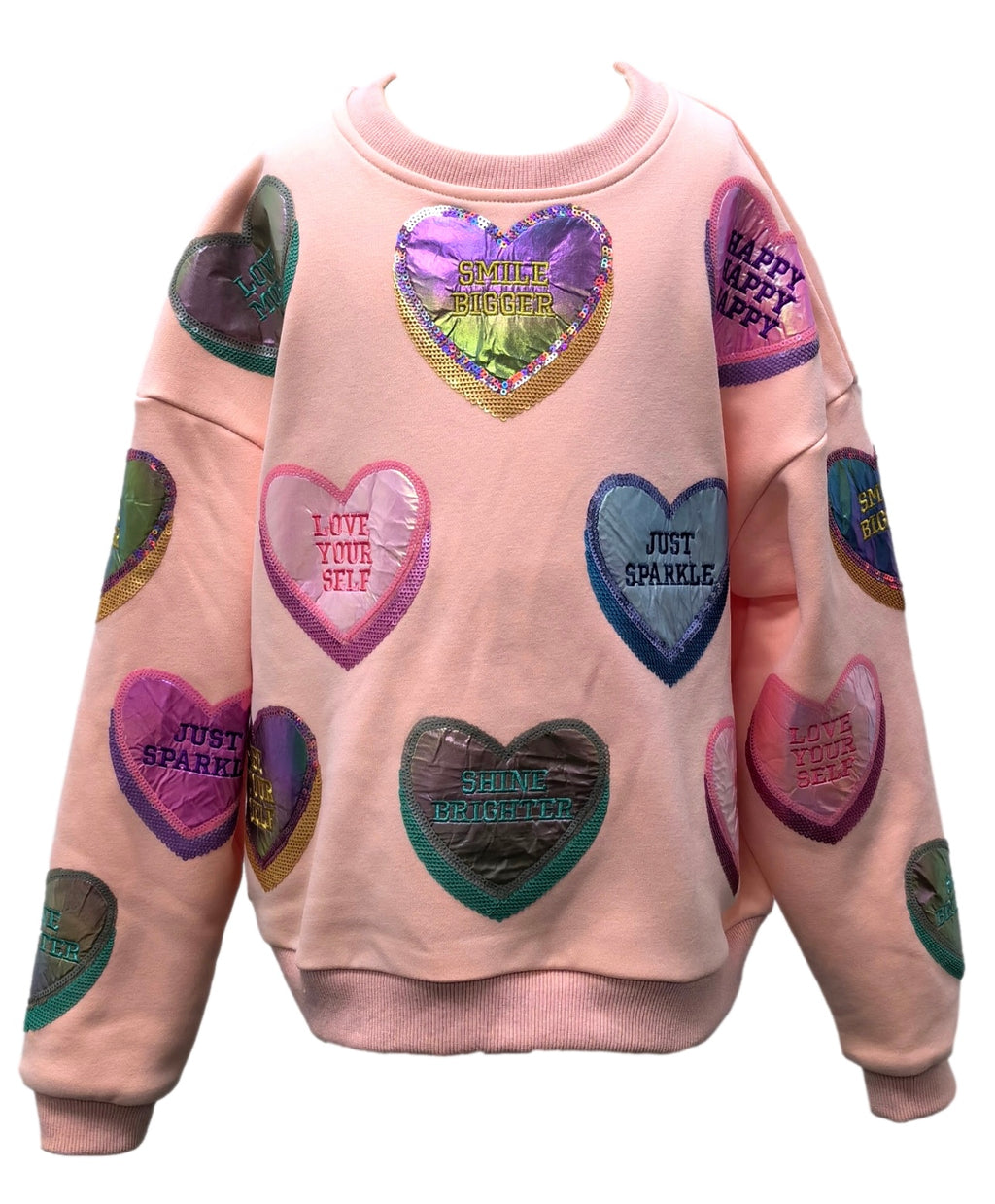 QUEEN OF SPARKLES Sequin POSITIVE CANDY HEARTS Sweatshirt Top