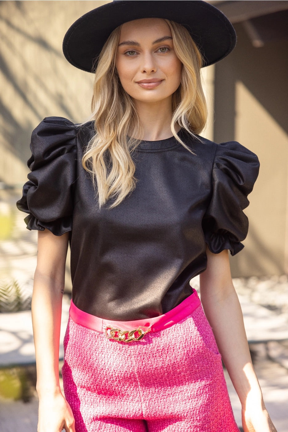 EXERT VeganLeather Ruched Sleeve Top