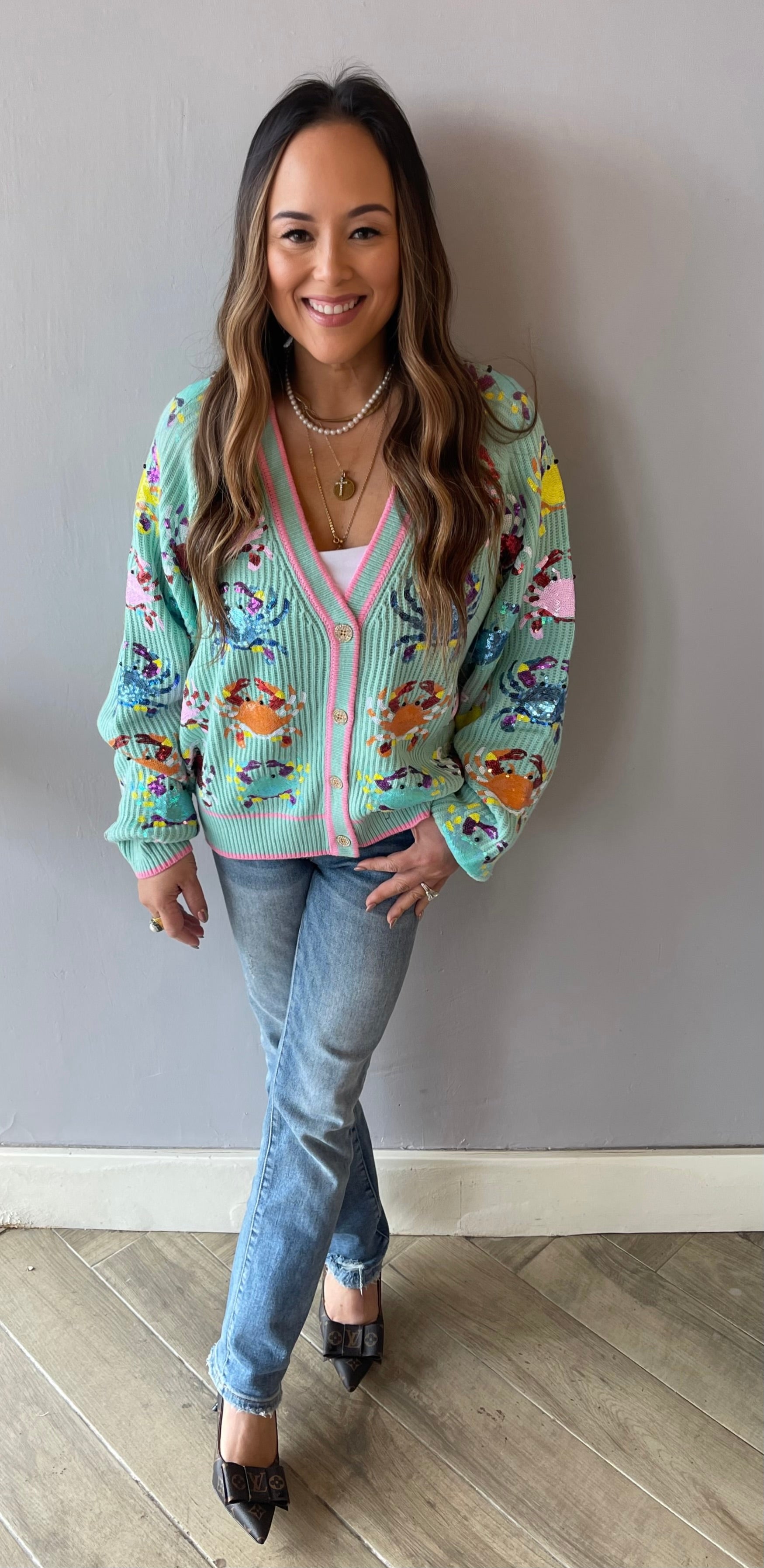 QUEEN OF SPARKLES Sequin SCATTERED CRAB Cardigan Top