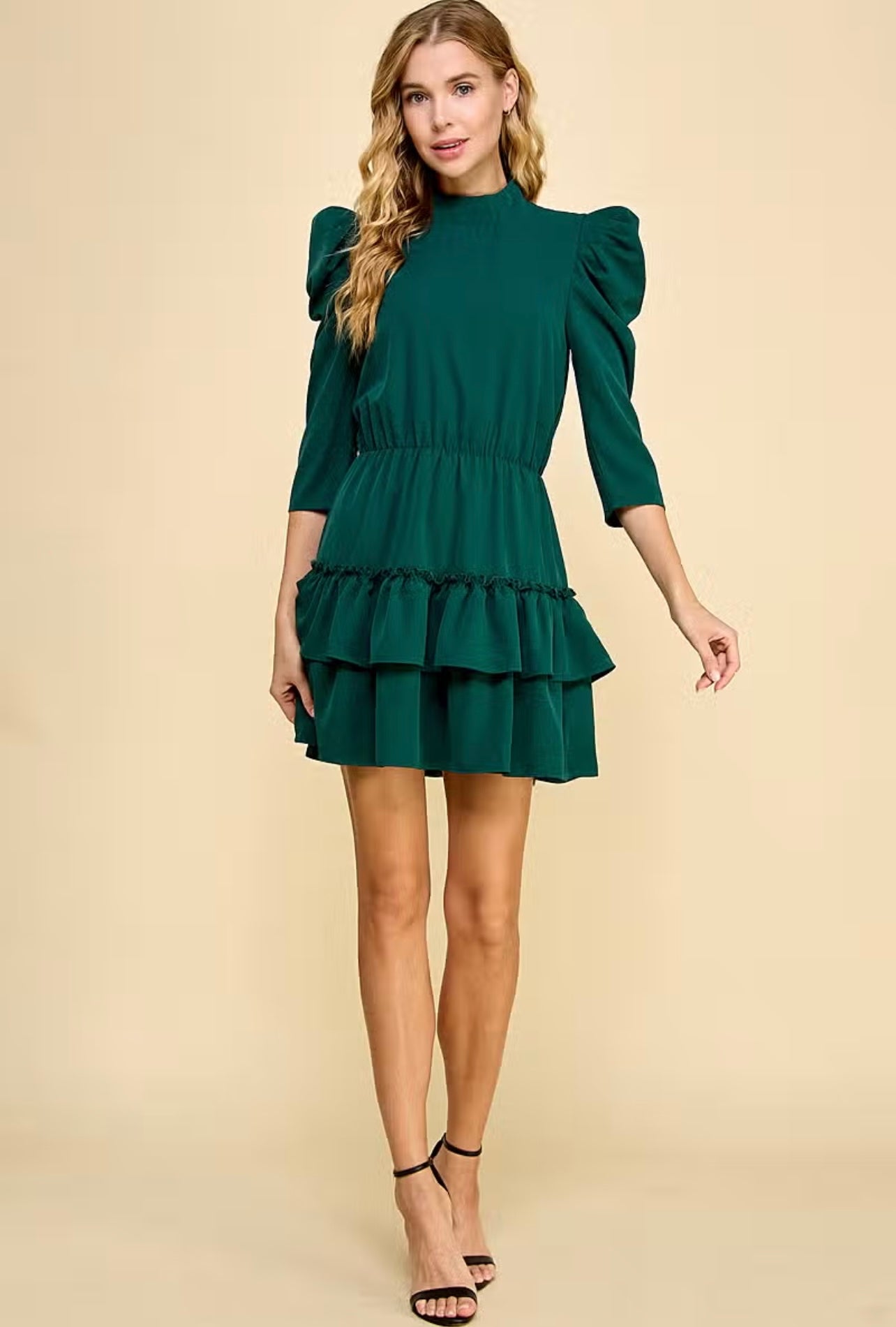 NEVERENDING Ruche Sleeve Tiered Ruffle Dress