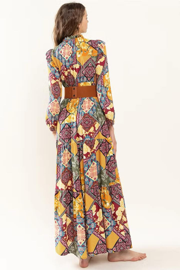 FLUENT Border Print Tiered Maxi Dress