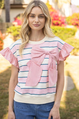 HIGHLINE Striped BowFront Ruffle Sleeve Knit Top